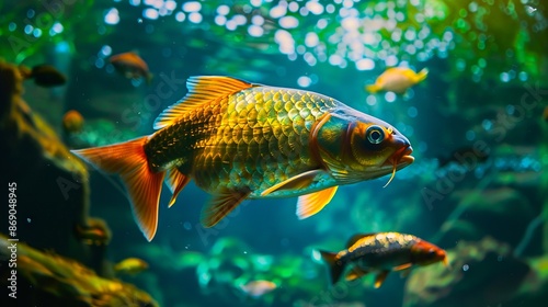 A fish swimming in an aquarium with green plants.