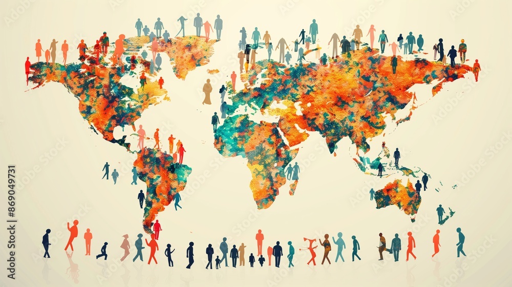 Fototapeta premium Vibrant Artistic World Map Formed by Multicolored Patterns Above Diverse People Silhouettes Symbolizing Global Population Growth