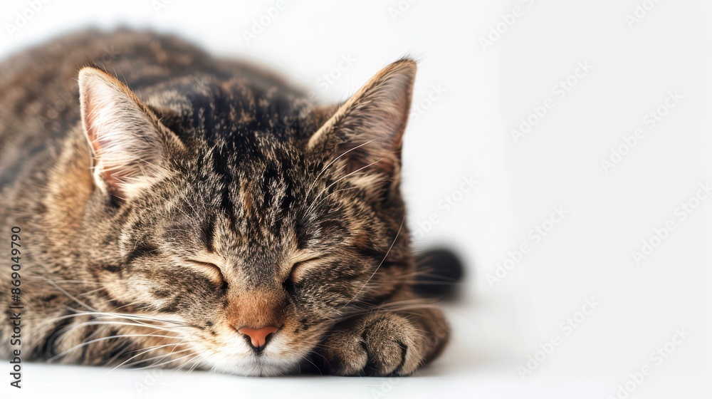 a cute cat sleeping on white background, with white space