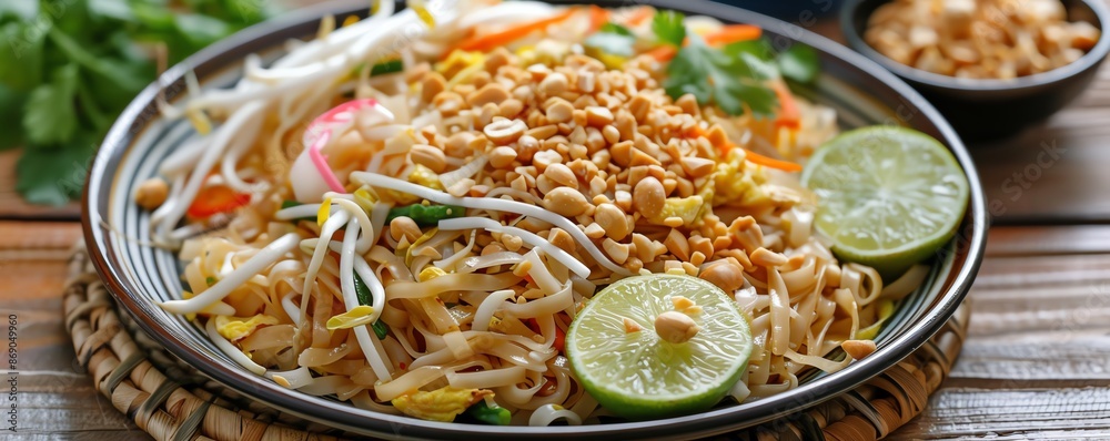 Traditional pad thai, fresh lime, crushed peanuts, vibrant Thai dish, colorful ingredients, authentic flavors, wokcooked noodles, garnished plate Traditional pad thai, fresh lime, crushed peanuts, vibrant Thai dish, colorful ingredients, authentic flavors, wokcooked noodles, garnished plate