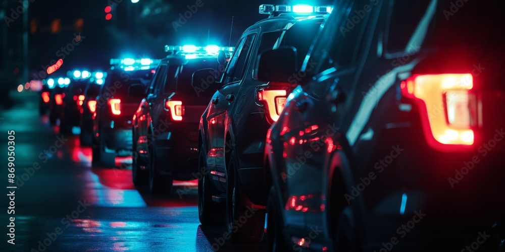 A dramatic nighttime scene showing a line of police cars with flashing lights, highlighting a tense, urgent, and high-alert situation, typical of emergency response scenarios. A dramatic nighttime scene showing a line of police cars with flashing lights, highlighting a tense, urgent, and high-alert situation, typical of emergency response scenarios.