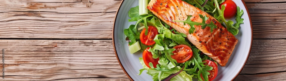 Delicious grilled salmon served with fresh salad, cherry tomatoes, and arugula on a rustic wooden table background. Delicious grilled salmon served with fresh salad, cherry tomatoes, and arugula on a rustic wooden table background.