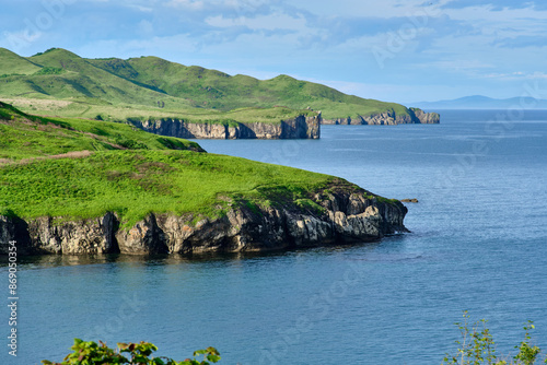 The nature of the Khasansky district of Primorsky Krai, Russia. The lip of the Teal of the Slavic Bay, the inner bay of Peter the Great in the summer.