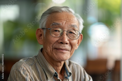 Portrait of Joyful Elderly Asian Man with Glasses looking at camera
