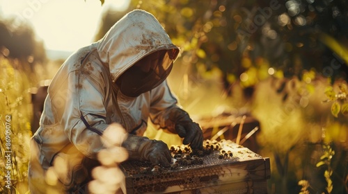 Harvesting Nature's Gold: Beekeeper Collecting Honey in the Countryside