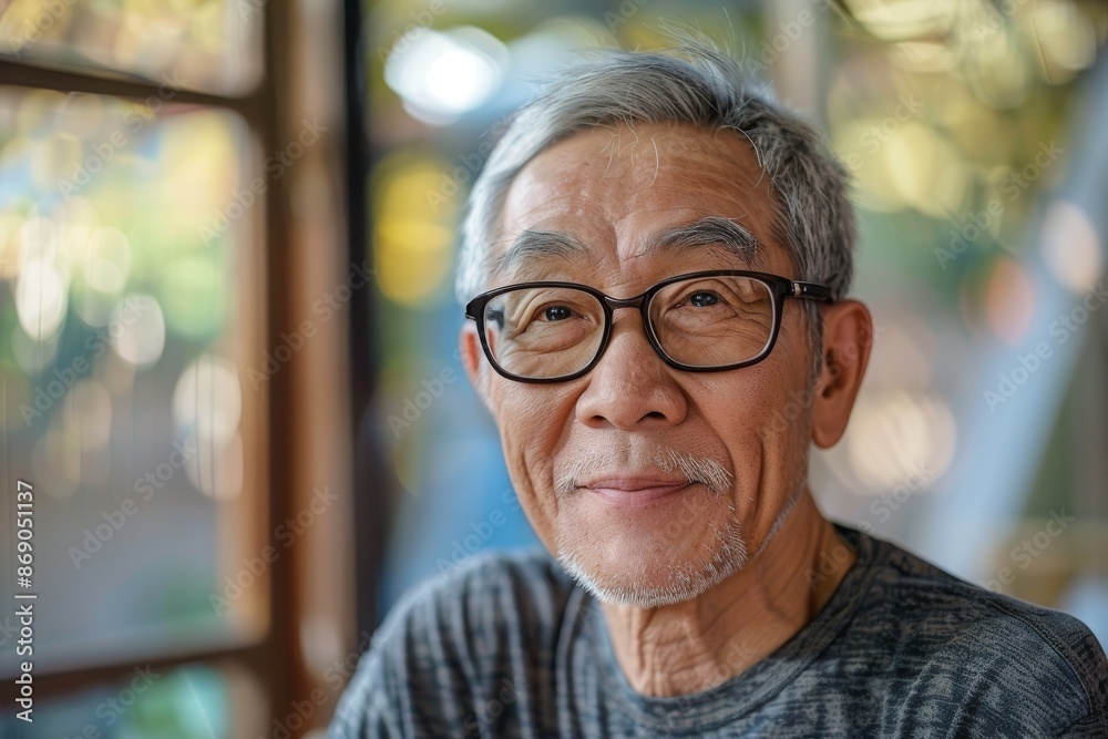 Portrait of Joyful Elderly Asian Man with Glasses looking at camera Portrait of Joyful Elderly Asian Man with Glasses looking at camera