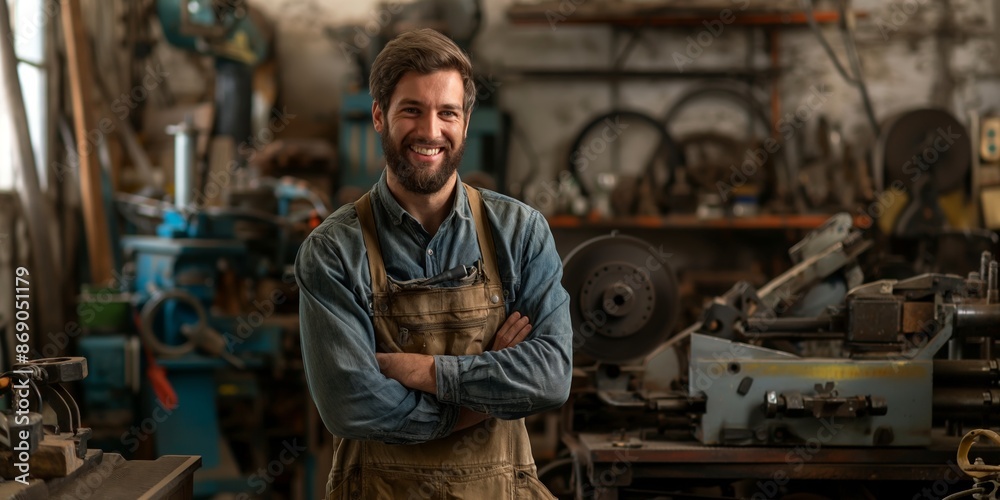 A bearded man stands confidently in a workshop filled with various machinery, wearing an apron and denim shirt, symbolizing dedication and craftsmanship. A bearded man stands confidently in a workshop filled with various machinery, wearing an apron and denim shirt, symbolizing dedication and craftsmanship.