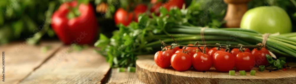 Fresh cherry tomatoes, green onions, and herbs on a wooden cutting board, surrounded by various vegetables in a rustic kitchen setting. Fresh cherry tomatoes, green onions, and herbs on a wooden cutting board, surrounded by various vegetables in a rustic kitchen setting.