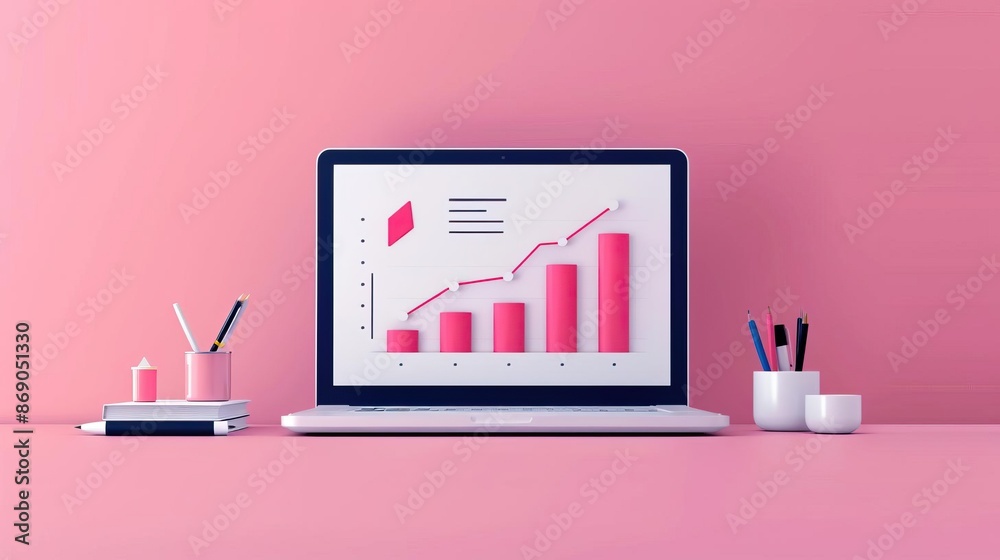 Obraz premium Laptop displaying a pink upward graph on a desk with stationery, over a pink background, symbolizing growth and success in business.