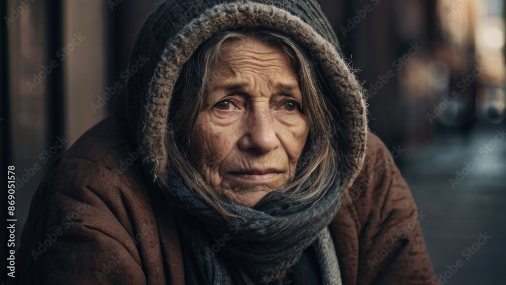 a homeless old woman with a scarf and hat on the street a homeless old woman with a scarf and hat on the street