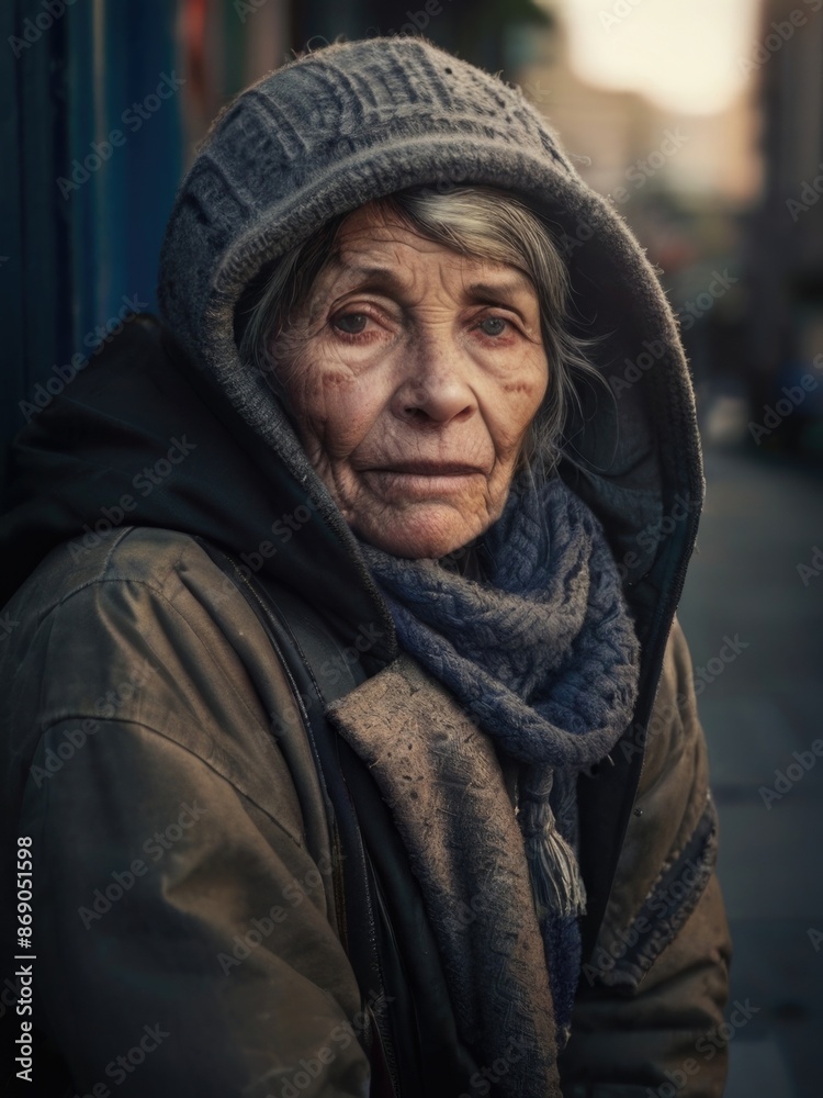 a homeless old woman with a scarf and hat on the street a homeless old woman with a scarf and hat on the street