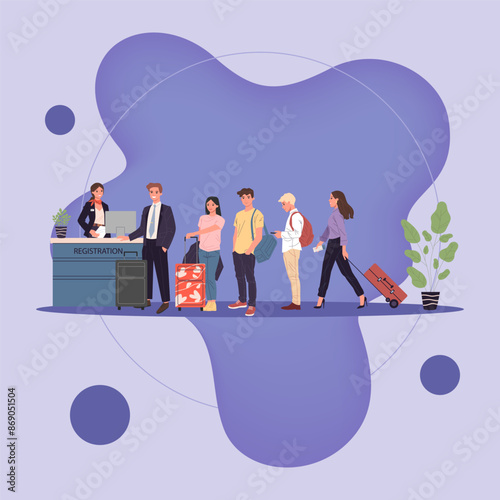 Line of passengers at airport registration desk. Queue of travelers waiting for check in to their flight. Vector illustration for travel, vacation, departure, boarding concept