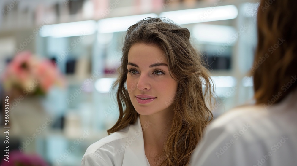 A beautiful cosmetics saleswoman, a 30-year-old European brunette, advises a buyer in a modern cosmetics store. A beautiful cosmetics saleswoman, a 30-year-old European brunette, advises a buyer in a modern cosmetics store.