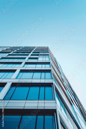 Close-up of a sleek and modern building facade against a clear blue sky, showcasing architectural elegance and urban sophistication
