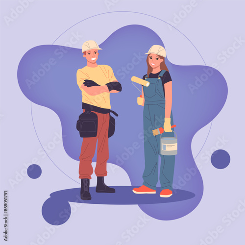 Male foreman and female painter standing together. Positive professional team in hardhats with tools working on construction site. Building works, job concept