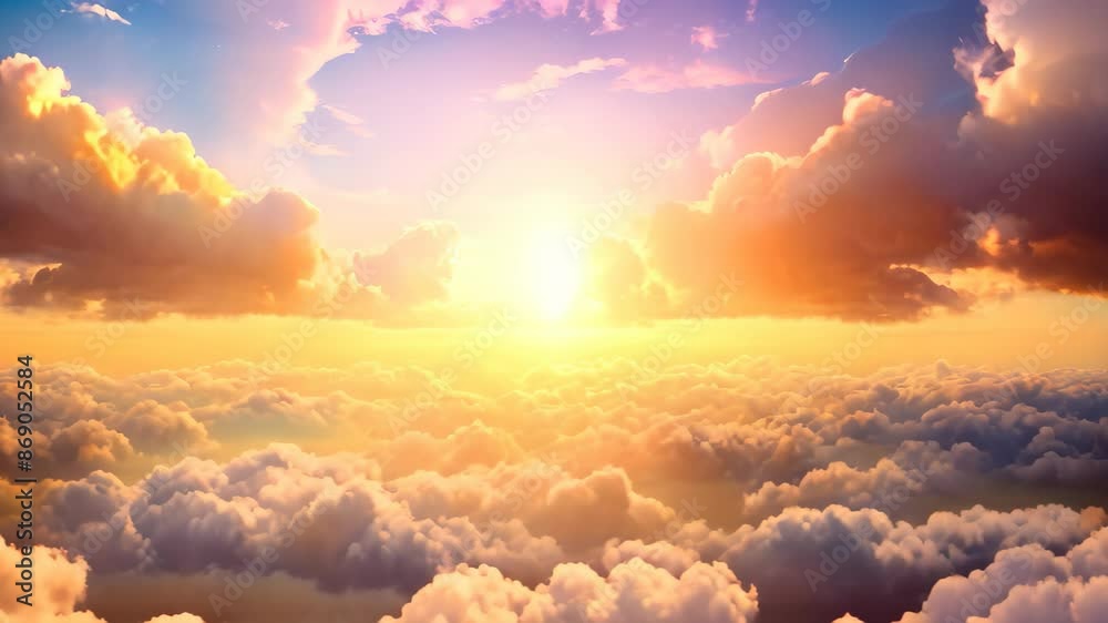Beautiful aerial view above clouds at sunset. 3d render illustration, Beautiful sunset in the sky with clouds and the sun Beautiful aerial view above clouds at sunset. 3d render illustration, Beautiful sunset in the sky with clouds and the sun