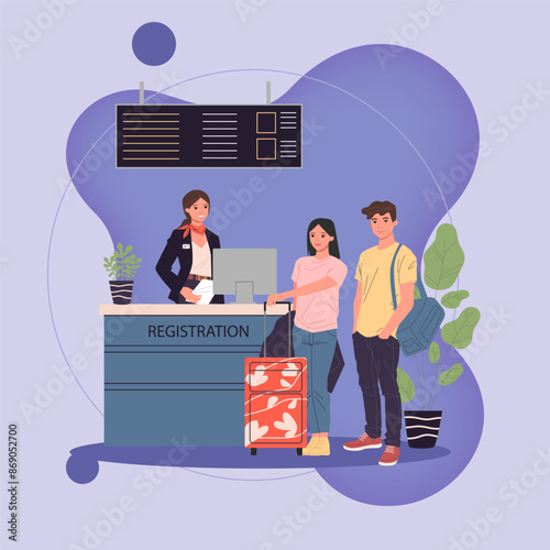 Passengers at airport registration desk. Couple waiting for check in to their flight. Vector illustration for travel, vacation, departure, boarding concept