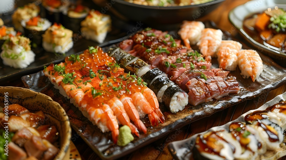 Assorted Sushi Platter on Table Assorted Sushi Platter on Table