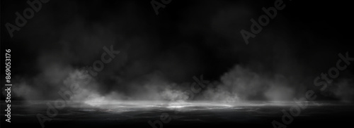 Smoke clouds above black water surface. Vector realistic illustration of white fog, steam, mist over spooky sea waves, dark river splashing in scary smog, mysterious Halloween atmosphere, horror night