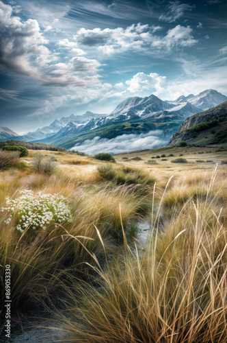 A mountain range is visible in the background of a field of tall grass. The sky is cloudy, and the sun is shining through the clouds. The field is full of tall gras