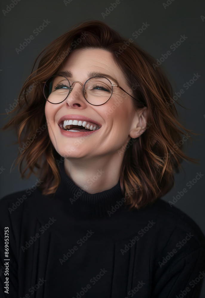 Studio portrait of a mid-40s woman with shoulder-length brown hair, laughing and wearing glasses, on a gradient dark grey background, showcasing timeless beauty and effortless chic style Studio portrait of a mid-40s woman with shoulder-length brown hair, laughing and wearing glasses, on a gradient dark grey background, showcasing timeless beauty and effortless chic style