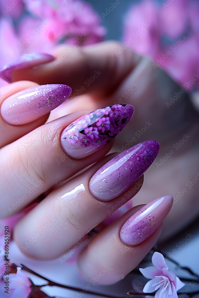 A woman's hand with pink and purple nails. A woman's hand with pink and purple nails.