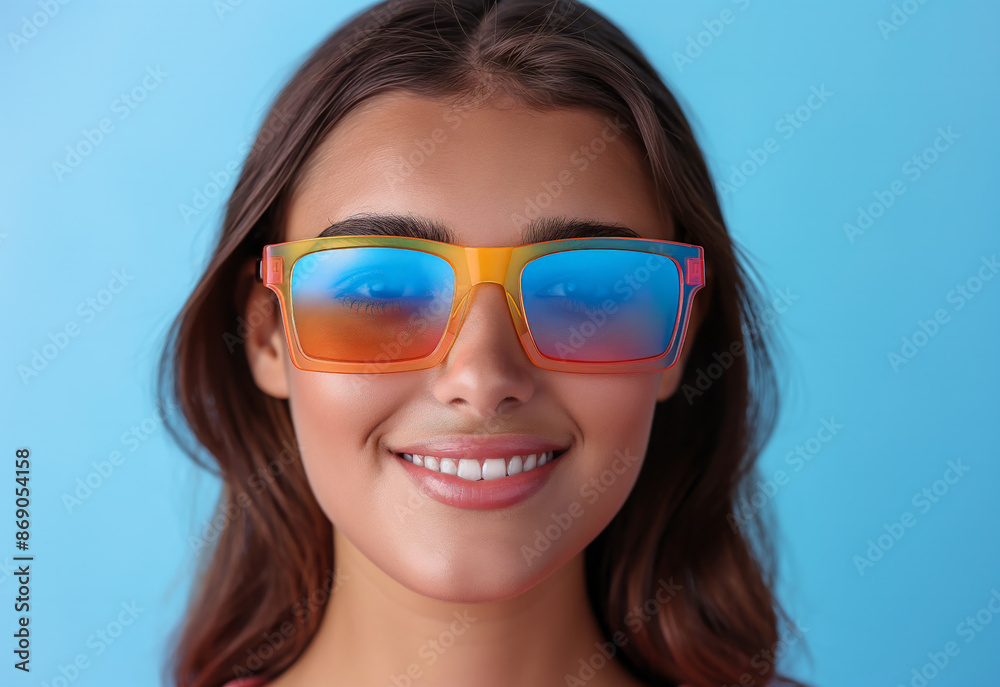 Closeup front portrait of a happy and beautiful young woman in her 20s, wearing colorful rectangular frame sunglasses, against a blue background, with a cheerful expression Closeup front portrait of a happy and beautiful young woman in her 20s, wearing colorful rectangular frame sunglasses, against a blue background, with a cheerful expression