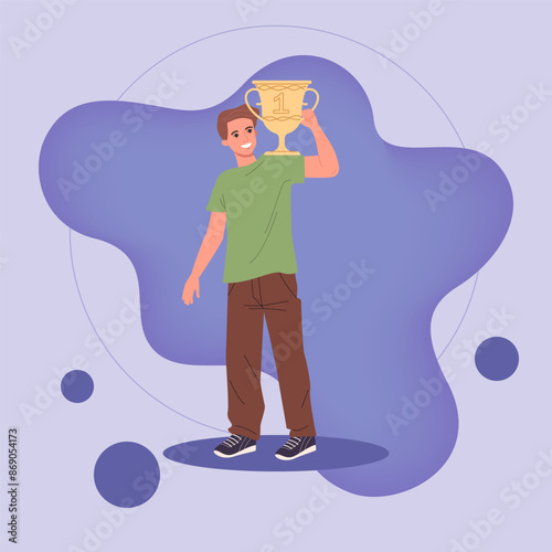 Young man holding winner cup on shoulder. Successful man celebrating victory. Vector illustration for leadership, win, champion concept