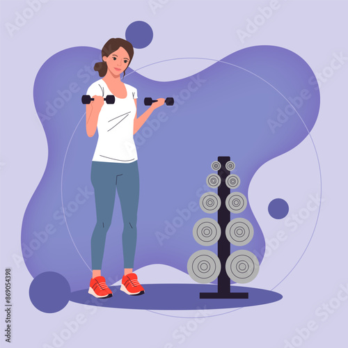 Young woman doing weight lifting in gym vector illustration. Woman in sportwear with dumbbells performing fitness exercises. Wellness, sport activities, healthy lifestyle