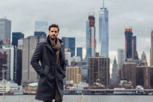 Portrait of stylish man in front of urban skyline