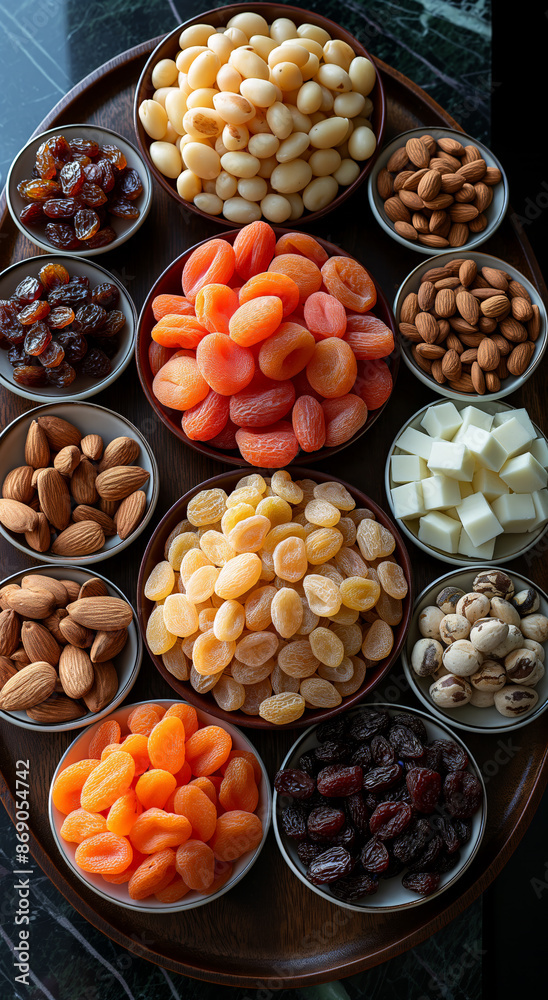 Overhead View of a Large Table with Assorted Dried Fruits in Bowls and Plates Overhead View of a Large Table with Assorted Dried Fruits in Bowls and Plates