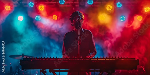 A captivating scene of a keyboardist silhouetted against a vibrant stage backdrop, with colorful lights creating a dynamic and energetic atmosphere during the live performance.