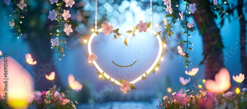 A heart shaped swing in the garden, decorated with flowers and lights. The background is a romantic night sky.