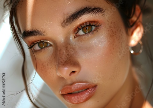 portrait of a young woman with freckles and brown eyes photo