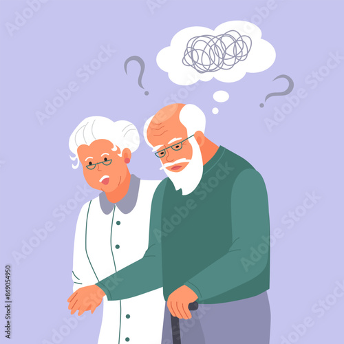 Old man suffer from dementia loss memory. Woman supports confused senior male struggle with Alzheimer disease. Elderly healthcare and medicine concept. Flat vector illustration. 