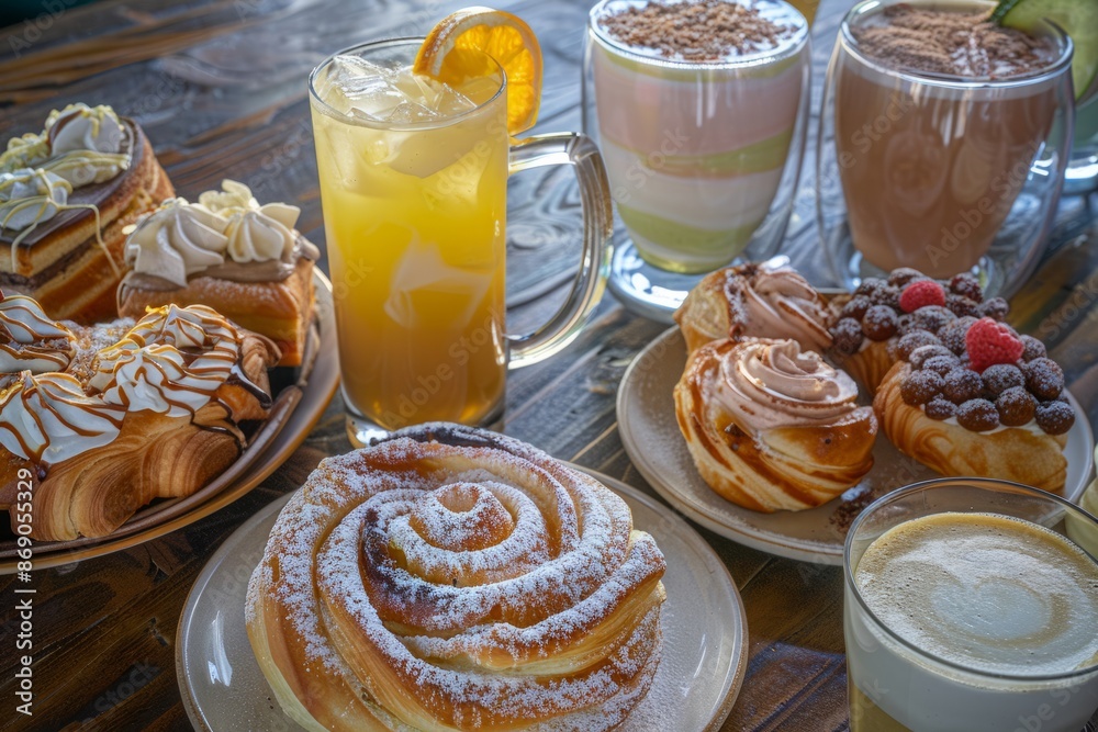 Professional Photography of a pastry shop menu. Showing the variety of available pastries and drinks, Generative AI