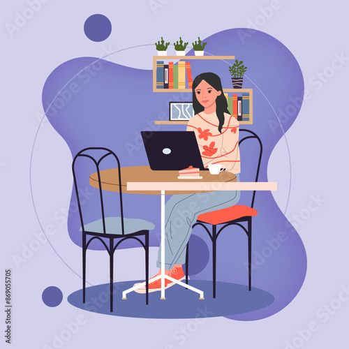 Young woman working on laptop at cafe vector illustration. Interior with bookshelves and plants. Work, daily routine, cafe concept