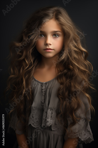 Studio portrait of cute curly little teen girl. Portrait of a beautiful little girl