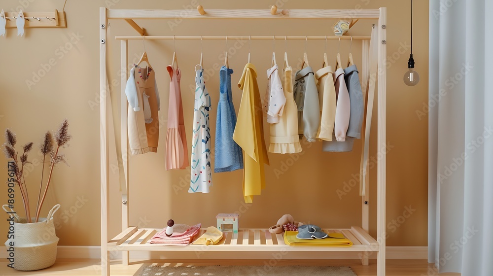 Wooden Clothing Rack with childrens dresses sweaters and jacket in kids room Montessori wardrobe Nursery Storage Ideas Baby Girl Clothes : Generative AI Wooden Clothing Rack with childrens dresses sweaters and jacket in kids room Montessori wardrobe Nursery Storage Ideas Baby Girl Clothes : Generative AI