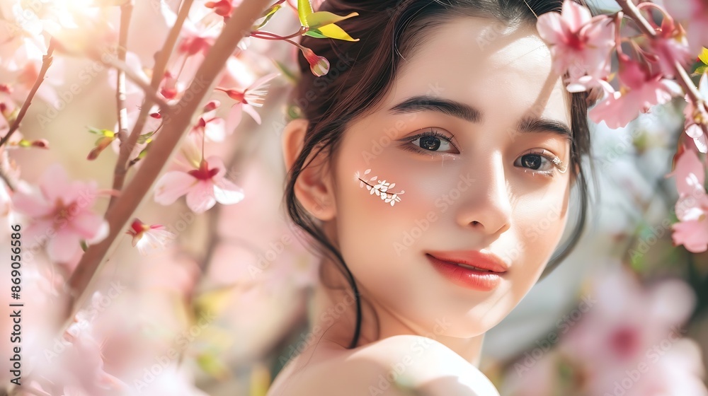 Photo of stunning gorgeous lady with pink cherry blossom enjoy lotion asian herbal medicine procedure : Generative AI Photo of stunning gorgeous lady with pink cherry blossom enjoy lotion asian herbal medicine procedure : Generative AI