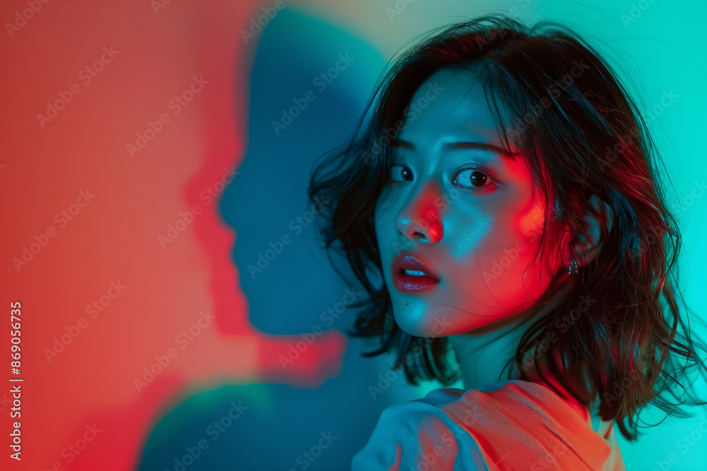 asian teenage portrait on neon light asian teenage portrait on neon light