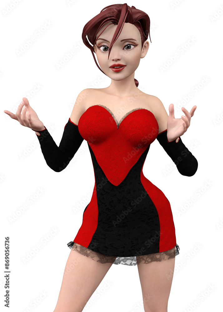Abstract 3D cartoon character of a brunette woman with big brown eyes. Expressive beautiful cute cartoon fashion girl in red and black short dress, 3D Illustration. Abstract 3D cartoon character of a brunette woman with big brown eyes. Expressive beautiful cute cartoon fashion girl in red and black short dress, 3D Illustration.