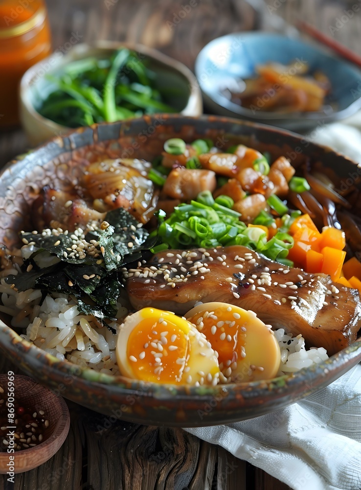 Japanese Style Pork Belly Rice Bowl with Soft Boiled Egg Japanese Style Pork Belly Rice Bowl with Soft Boiled Egg