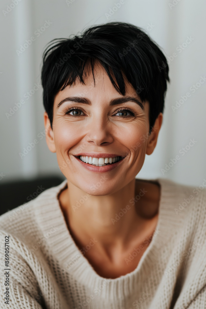 Head & shoulder fashion portrait of a Smiling Woman with a feathered fringed haircut on a Grey Background Head & shoulder fashion portrait of a Smiling Woman with a feathered fringed haircut on a Grey Background