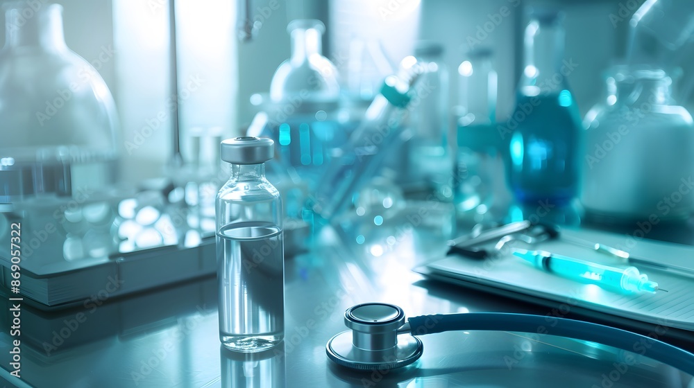 Modern organic healthcare tools in a blue-toned lab, front view close-up featuring a stethoscope and syringe Modern organic healthcare tools in a blue-toned lab, front view close-up featuring a stethoscope and syringe