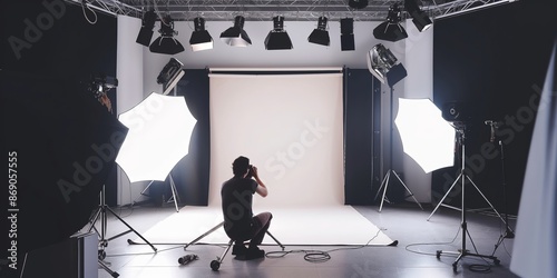 In this image, a photographer is preparing a brightly lit studio, setting up equipment and lights, poised to capture high-quality images in a controlled environment. photo
