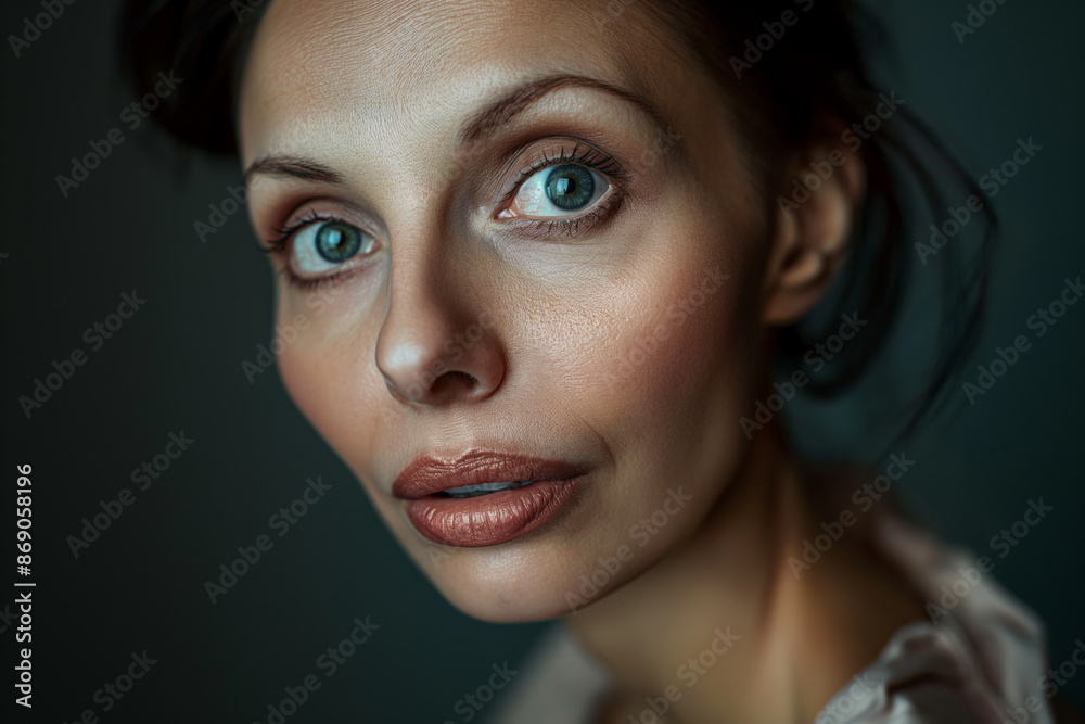 A detailed portrait of a beautiful woman in her 30s with turquoise eyes, full lips, and minimal makeup, facing the camera A detailed portrait of a beautiful woman in her 30s with turquoise eyes, full lips, and minimal makeup, facing the camera
