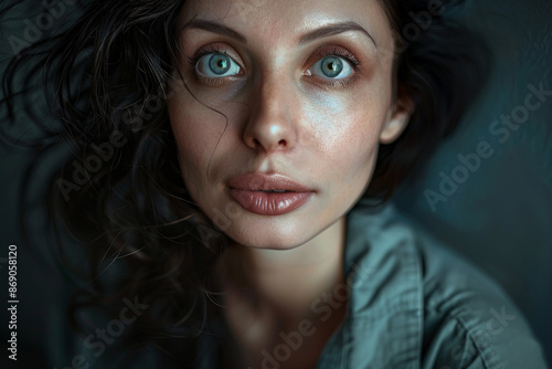 A detailed portrait of a beautiful woman in her 30s with turquoise eyes, full lips, and minimal makeup, facing the camera © PrabhjitSingh
