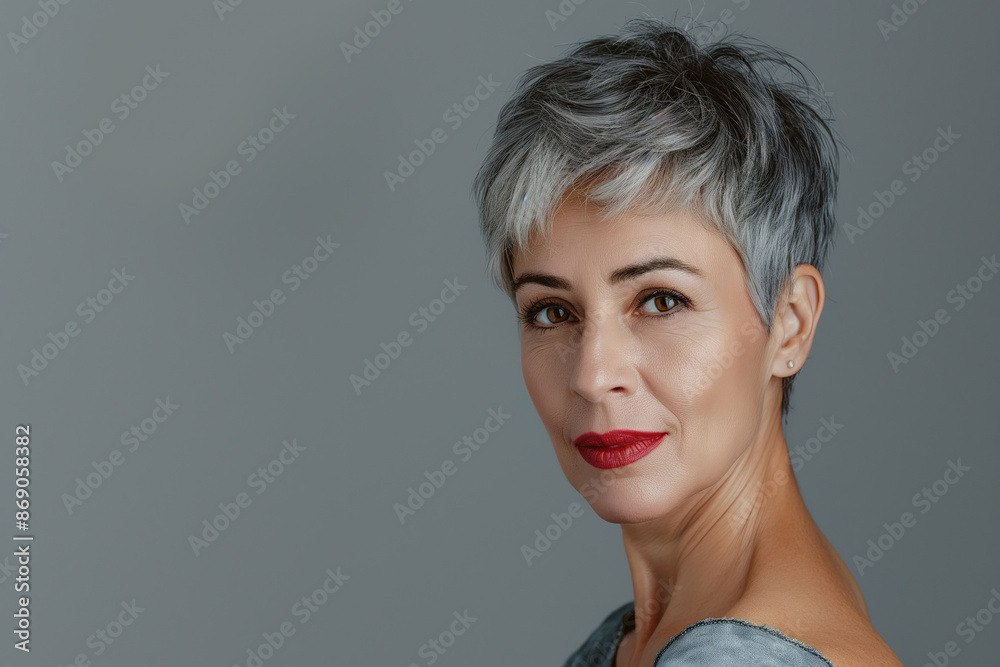 An attractive 40-year-old woman with a torchon hairstyle on very short hair, posing against a light gray background. Stylish and elegant look An attractive 40-year-old woman with a torchon hairstyle on very short hair, posing against a light gray background. Stylish and elegant look