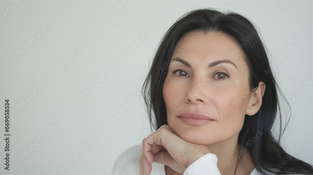 Head and shoulder portrait of a beautiful woman in her early 50s with distinct facial features and minimal makeup, isolated on a white background Head and shoulder portrait of a beautiful woman in her early 50s with distinct facial features and minimal makeup, isolated on a white background